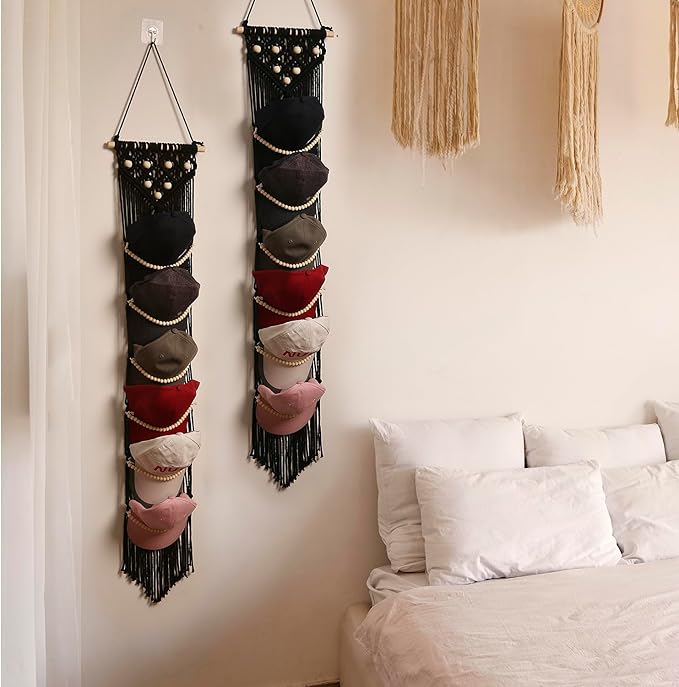 Ball Cap Hanger-1 Pack-Boho Macrame Cap Holder Wall Hat Organizer for Baseball Cap Holder Over Door, Hat Rack for Wall, Cap Rack for Decoration and Display(Black