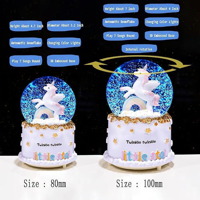 Rainbow Unicorn Snow Globe Automatic Rotating Snow Flakes with Coloful Light Music Christmas Birthday Presents Gifts for Kids Girls Baby Sister Daughter Granddaughter Women Mom Grandma