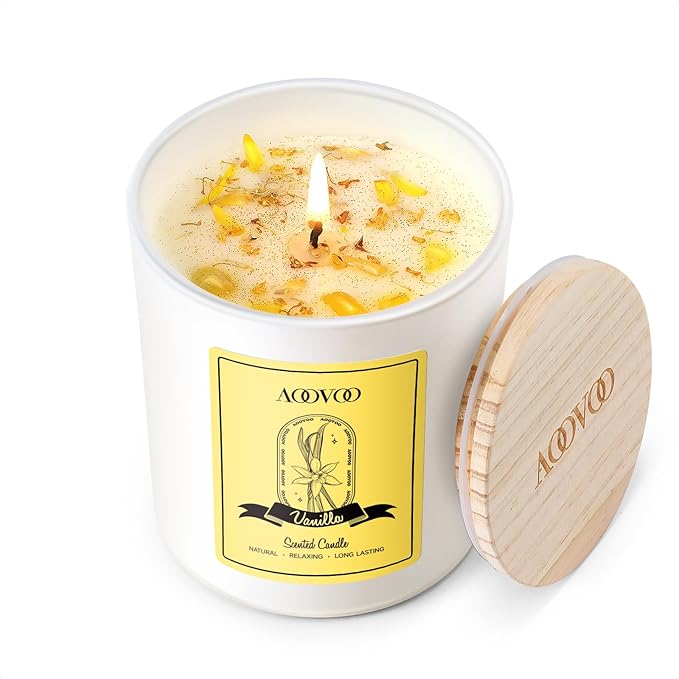 AOOVOO Vanilla Scented Candles for Women - Aromatherapy Candle with Crystals Inside, 7oz Soy Candles for Home Scented, Birthday Gifts Mothers Day Candle for Women Mom