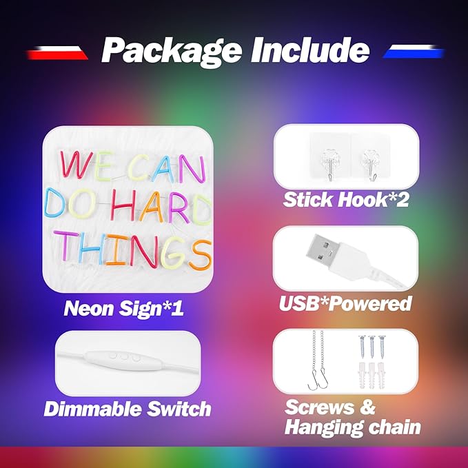 Goneons We Can Do Hard Things Dimmable Colorful Neon Light Sign for Wall Decor,USB Powered LED Neon Sign for Kids Wall Art Classroom Bedroom Living Room Birthday Game Room School Decor