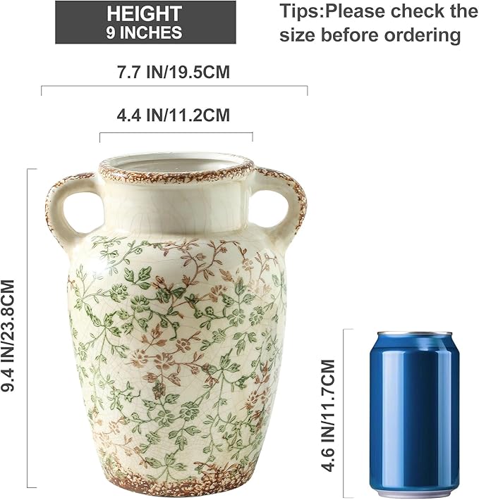Enra Farmhouse Vintage vase with Handle,9.4 in Ceramic Chinoiserie Floral Vase,Green and Beige Decorative Flower vase,Large Rustic Vases for Home Decors, Living Room, Bookshelf, Office