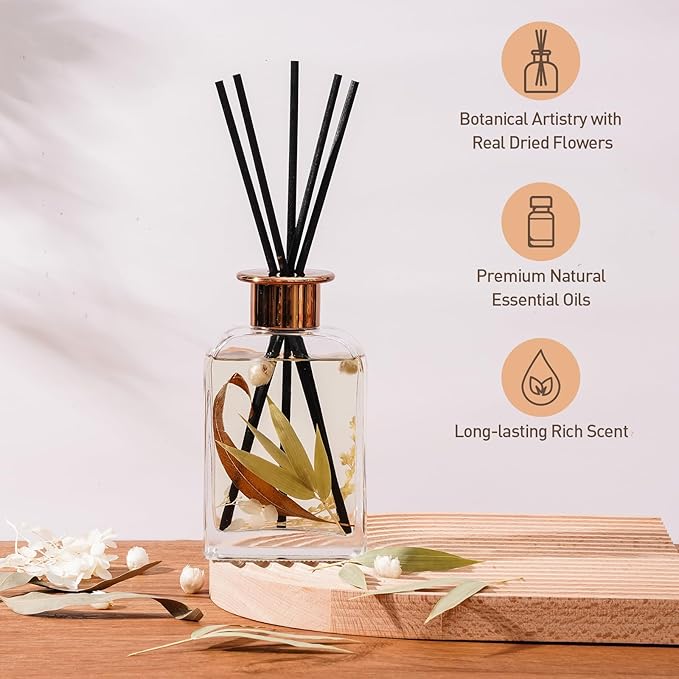 White Peach Oolong Tea Botanical Essential Oil Reed Diffuser Set/6.7oz/Fresh Bamboo, Eucalyptus/Decorative Air Freshener/Home, Office, Room Décor/Aromatherapy Gift/Scentsy Home Fragrance