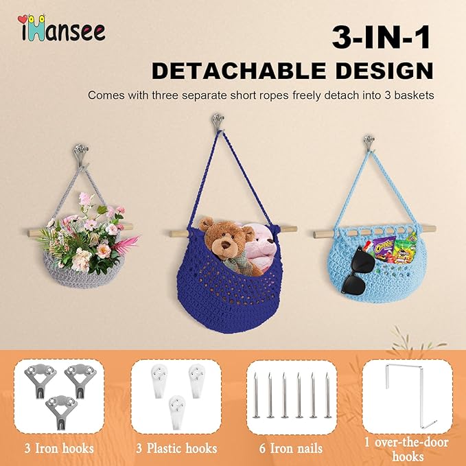 Hanging Baskets for Organizing, 3 Tier Detachable Wall Hanging Fruit Basket Over the Door Organizer for Vegetable Plant, Gray Blue Boho Crocheted Cotton Fruit Holder for Kitchen Bathroom Bedroom