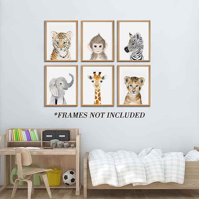 Jungle Safari Wall Art Decor for Baby Nursery Room - Tiger, Lion, Elephant Animal Decorations for Bedroom (12"x16", UNFRAMED)
