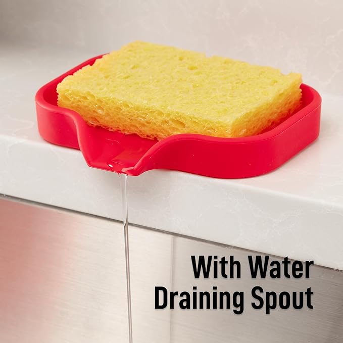 Zulay Small Silicone Sponge Holder (4.9x3.3”) – Space-Saving Sink Organizer Tray for Sponge, Soap, Brush & More – Compact Non-Slip Dish for Kitchen & Bathroom (Red)