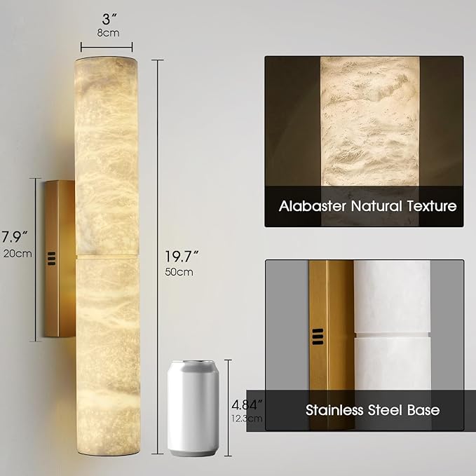 Brass Alabaster Wall Sconces, 20" Natural Marble Wall Sconce, Hardwired Gold Wall Sconces Indoor, Stone Wall Sconce Dimmable, Alabaster Wall Lamp for Living Room, Bathroom, Bedroom, Hallway-Upgraded