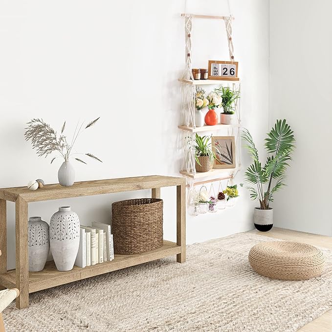 Wall Hanging Shelves Macrame Boho Floating Plant Photos Storage Rack Wood Shelf with Hooks for Bedroom Living Room Bathroom (3tier Shelves)