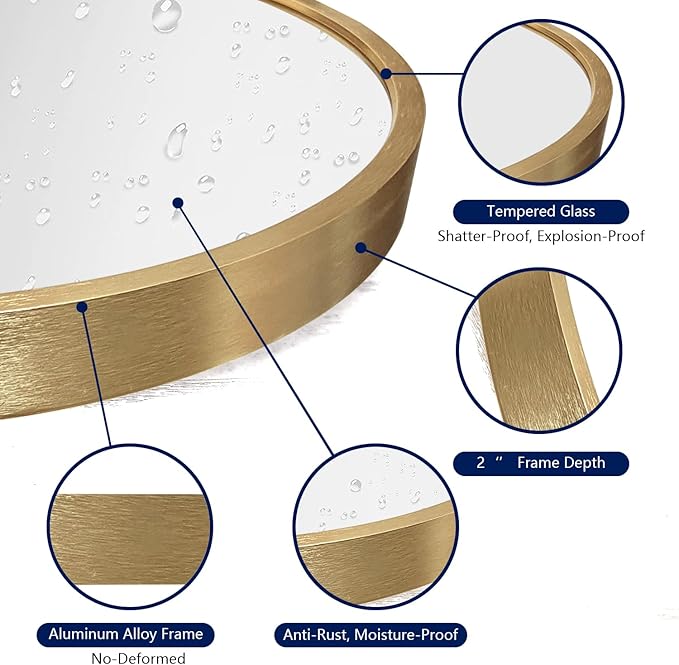 Wall Mirror Arched Bathroom Mirrors, Aluminum Alloy Frame Hanging Vanity Mirror for Living Room Bedroom Entryway Vanity, Brushed Metal Framed Wall Mounted Mirror Gold 16"x12"