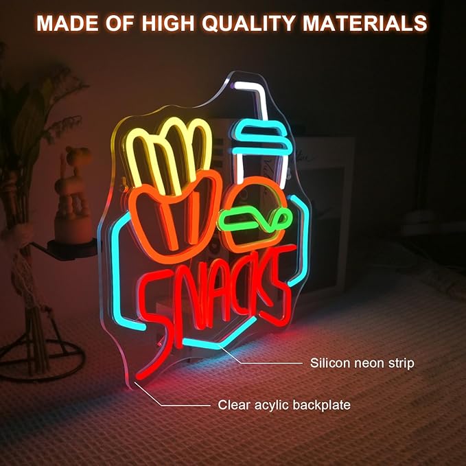 Lucunstar Snack Burger Fries Neon Sign,LED Sign for Burger Shop Decor,Hamburger LED Neon Light,USB Connectivity Neon Sign with Dimming switch for Restaurant,Kitchen,Store,Party,Bar Sign