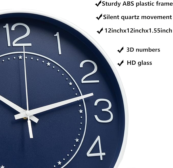 HZDHCLH 12inch Wall Clocks Battery Operated,Quartz Movement,Silent Non Ticking Modern Wall Clock for Living Room Bedroom Kitchen Office School Classroom Decor Navy Blue