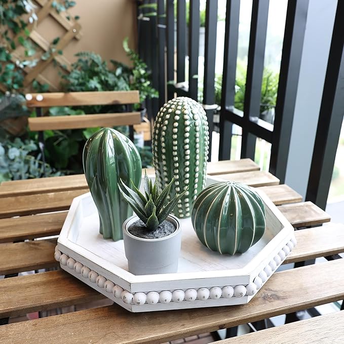 Whitewashed Octagonal Wood Decorative Tray, Small Farmhouse Wooden Serving Tray with Beads, Versatile Shabby Chic Coffee Table Tray for Kitchen Counter, Ottoman, Living Room