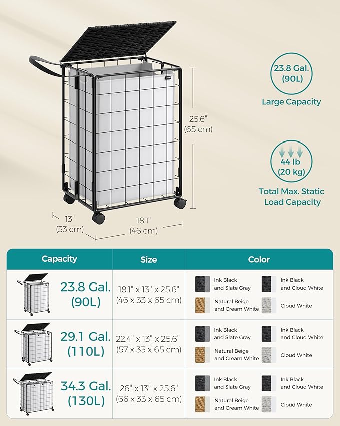 SONGMICS Laundry Hamper, 90L Laundry Basket with Lid, Clothes Hamper with Wheels, Collapsible Removable Liner Bag, Iron-Made Laundry Sorter, Ink Black and Cloud White ULCB290B12