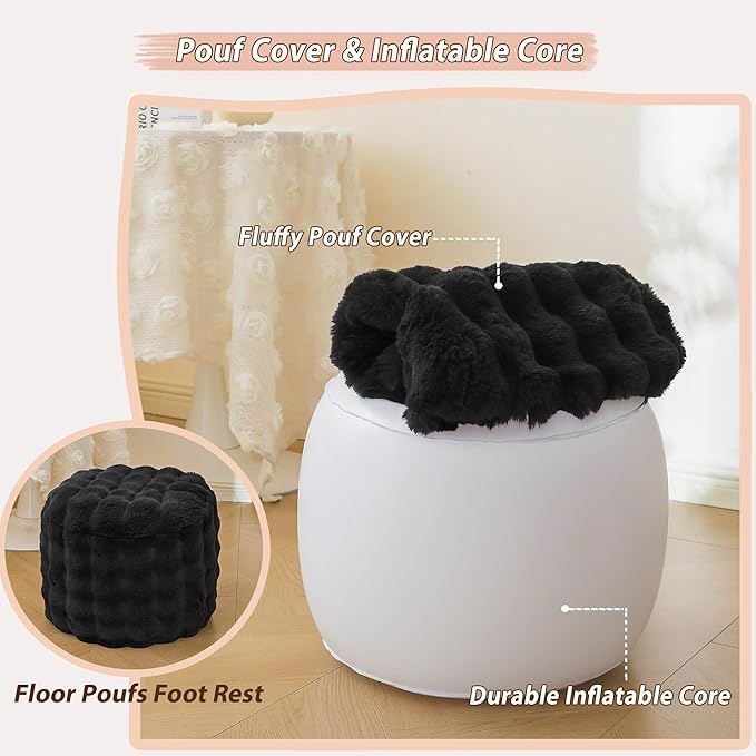 LIFEREVO Luxury Faux Rabbit Fur Round Inflatable Pouf Ottoman, 20 X 16 Fluffy Waffle Bubble Floor Poufs Foot Stool Rest Living Room Bedroom, Furry Pouf Ottoman Chair Seat Home Decor, Anti-Slip, Black