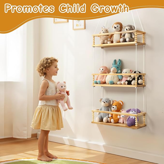 Gronda Stuffed Animal Storage 3 Tier Hanging Toy Organizer Adjustable Stuffies Animals Hammock Plush Holder Nursery Decor Wooden Floating Shelf for Kids Room Bedroom Living Room Nursery