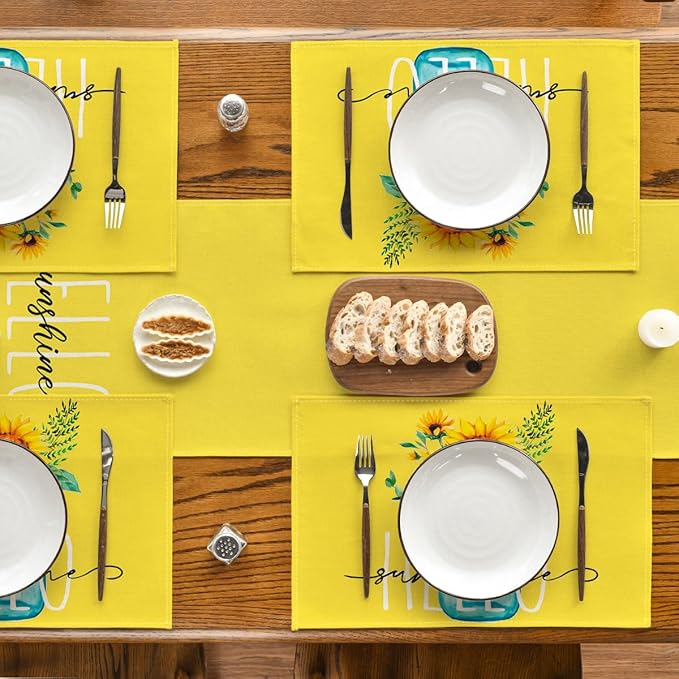 Artoid Mode Yellow Hello Sunshine Sunflower Summer Placemats Set of 6, 12x18 Inch Seasonal Spring Table Mats for Party Kitchen Dining Decoration