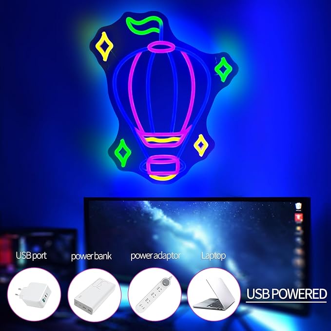 Hot Air Balloon Neon Signs for Wall Decor Blue Purple LED Light Sign for Preppy Room Decor Light Up Sign for Birthday Party Decoration USB Powered