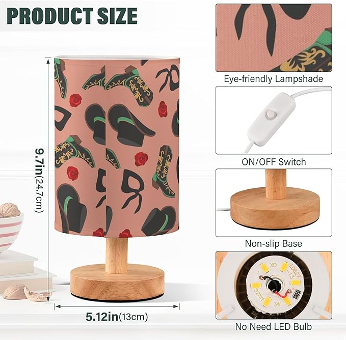 Table Lamp Retro Cowgirl Pattern Cowboy Hat Boot Bandanas Rose Nightstand Lamp with Wood Base Fabric Lamp Shade Bedside Desk Lamp for Living Room Bedroom Kids Room Office