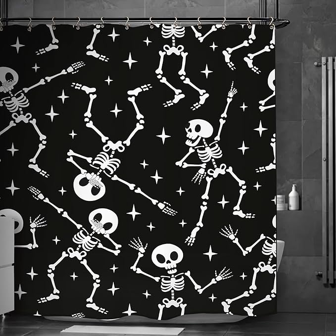 Skull Skeleton Halloween Shower Curtain 60Wx72L Inch Funny Black White Scary Horror Spooky Dancing Day of The Dead Holiday Bathroom Set Accessories Decor with 12 Pack Hooks