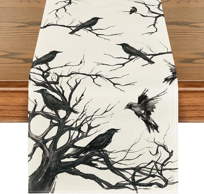Artoid Mode Silhouette Tree Crows Branches Halloween Table Runner, Seasonal Fall Kitchen Dining Table Decoration for Home Party Decor 13x120 Inch