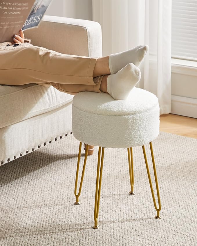 IBUYKE Teddy Velvet Storage Footrest Stool Ottoman, Makeup Vanity Stool Side Table with Removable Cover, Golden Steel Legs, Coffee Table Top Cover, White WBD010W