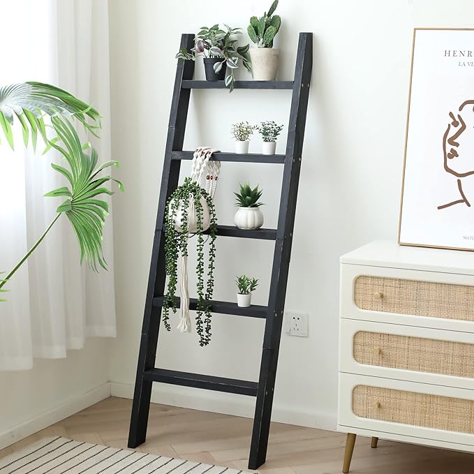 FUIN 5ft (58") Wood Blanket Ladder Living Room Decorative Wall Leaning Farmhouse Quilt Display Holder Shelf Rustic Wooden Towel Rack for Bathroom, Black
