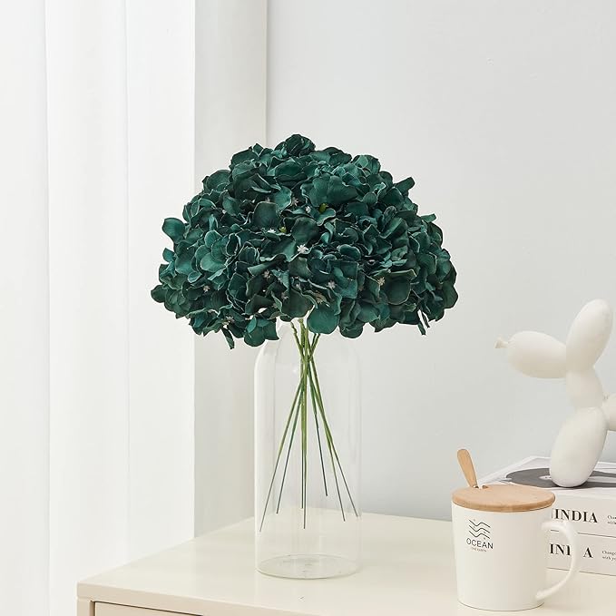 Artificial Hydrangea Flowers Emerald Green Heads 10 Fake Hydrangea Silk Flowers for Wedding Centerpieces Bouquets DIY Floral Decor Home Decoration with Stems.