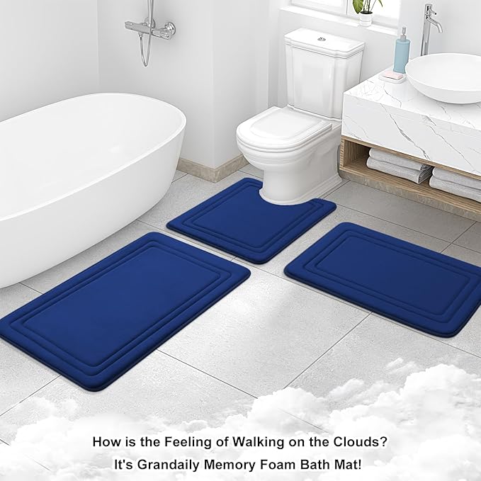 Grandaily Memory Foam Bath Mat Rug 59x20, Ultra Soft, Non-Slip and Absorbent Bathroom Rugs, Machine Wash Dry, Comfortable Bath Carpet for Bathroom Floor, Tub and Shower, Navy Blue