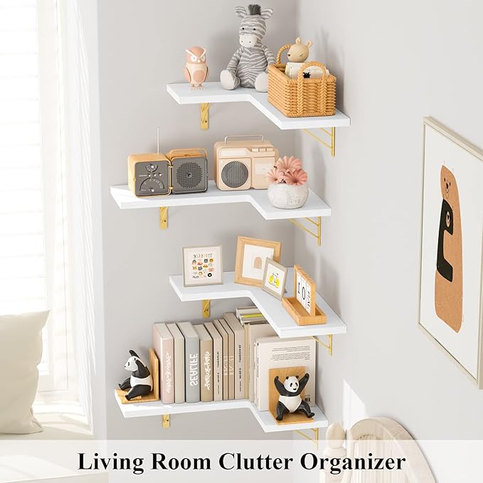 Love-KANKEI Corner Shelf Wall Mounted,Floating Wall Shelves for Storage,Rustic Wood Hanging Shelves for Display,Bedroom Bathroom Living Room Kitchen,Set of 4,White