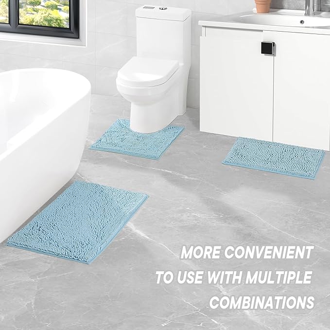 Bathroom Rugs 2 Pieces Chenille Bath Rug Mat, Extra Thick and Soft Absorbent Bath Rugs, Machine Washable, Non-Slip Plush Bath Mats for Tub, Shower, Room, (Light Blue, 32"x20"+24"x16")