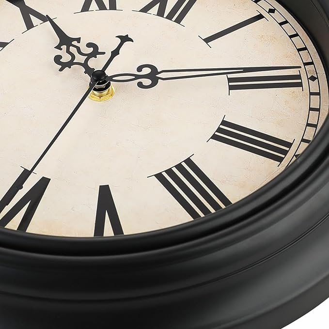 Plumeet Retro Wall Clock, 12'' Non Ticking Classic Silent Vintage Wall Clocks Decorative Kitchen Living Room Bedroom, Roman Numerals, Battery Operated, Black