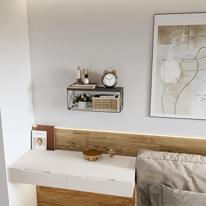 Bathroom Shelf with Wire Storage Basket, Floating Shelf Over Toilet with Protective Metal Guardrail, Wall Shelf for Bedroom, Living Room, Kitchen and Bathroom Toilet Paper