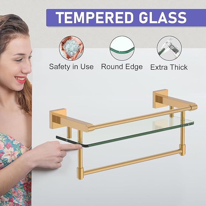 Bathroom Glass Shelf Brushed Gold Finish with Towel Rack, SUS304 Stainless Steel, 16-inch Tempered Glass Shelves for Wall