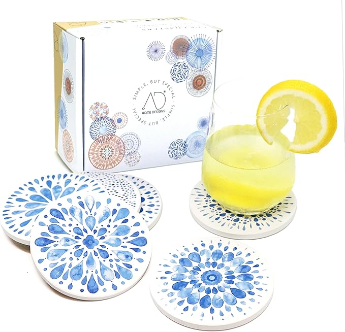AD Set of 6 Coasters for Drinks Absorbing Round Ceramic Stone Coaster with Cork Base,Tabletop Protection Mat for Mugs and Cups,Office,Kitchen (Indigo Blue 2 with Holder)