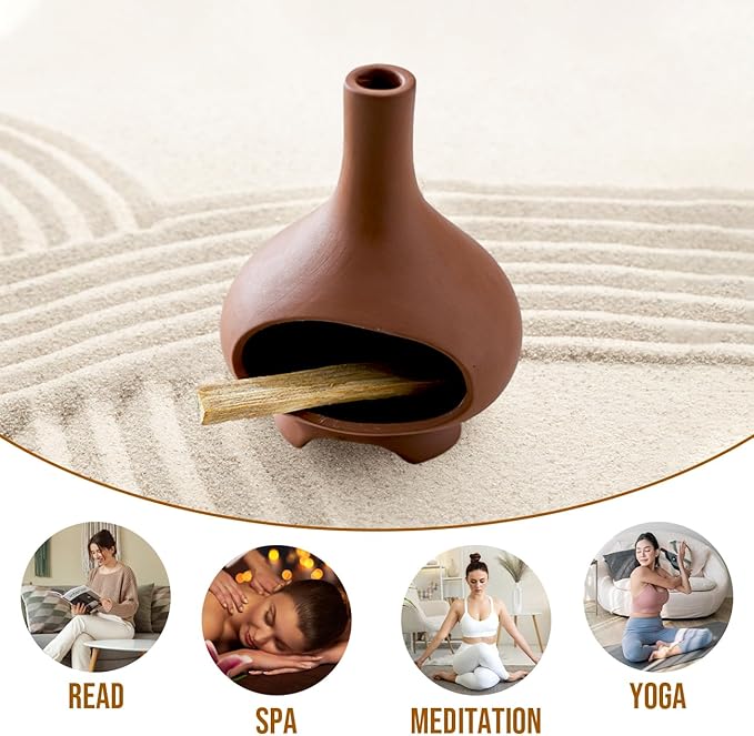 Palo Santo Holder Handmade Ceramics Incense Burner Chimney Dish Smudge Bowl for Palo Santo Sticks Sage Bundles with Brush(Brown) (Combustion Furnace)