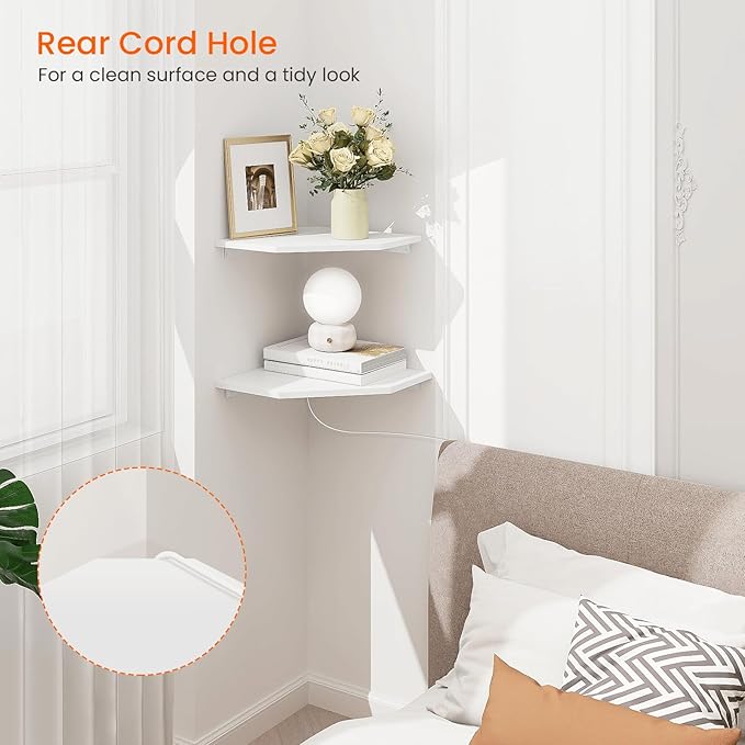 Homode Corner Shelf Wall Mount, Set of 2 Corner Floating Shelves with Cord Hole for Speaker, Cable Box, 2 Tier Wood Hanging Storage Shelf for Bathroom Living Room Bedroom, White