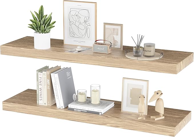 Floating Shelves for Wall - 32 x 9 Inch Natural Wood Shelves for Bathroom, Bedroom, Kitchen Decor, Farmhouse Decor Set of 2, Natural Wood