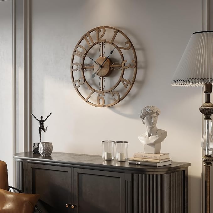 Wall Clock, 16 Inch Bronze Metal Wall Clock Silent Non-Ticking Battery Operated, Large Round Retro Arabic Numerals Analog Decorative Clocks for Living Room Kitchen Mantel Office