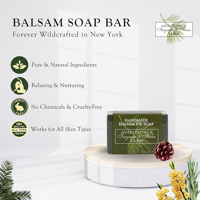 Adirondack Fragrance & Flavor Farm ADK Natural Balsam Soap Bar 4 oz., Handmade Vegan Olive Oil Body Soap for Dry and Sensitive Skin, Moisturising for Men, Women & Babies