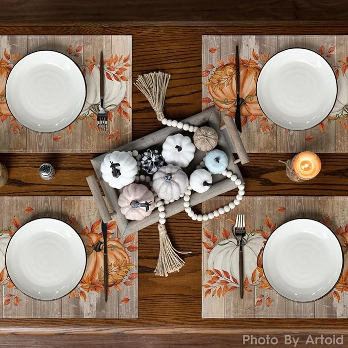 Artoid Mode White Pumpkin Wood Grain Fall Placemats Set of 6, 12x18 Inch Seasonal Thanksgiving Holiday Table Mats for Party Kitchen Dining Decoration