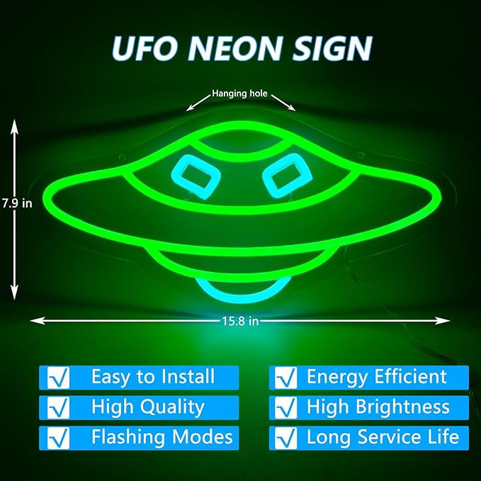 UFO Neon Sign for Wall Decor Studio Room Led Lights, Alien UFO Decor Neon Signs Aesthetic Operated Light for Door Decorations, Bedroom Accessories Neon Sign