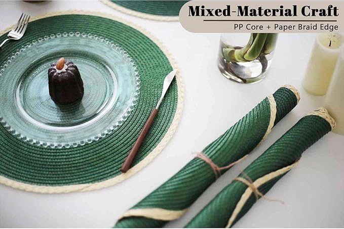 Noctiflorous Round Braided Placemats Set of 6 Table Mats 15 Inches Washable Heat Resistant for Dining Table Non-Slip Indoor Outdoor Place Mats for Easter(01 Pine Green 6)