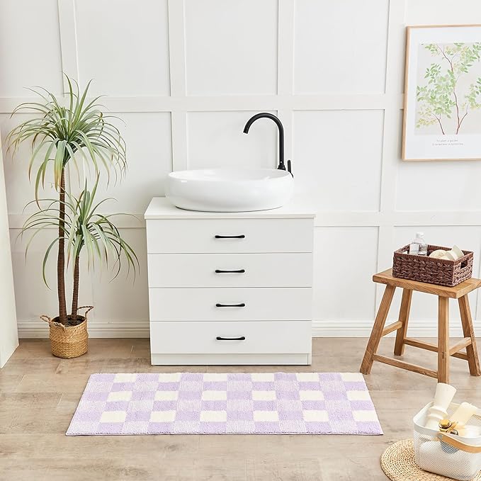 CozeCube Checkered Bath mats for Bathroom Non Slip, Fluffy Absorbent Microfiber Bath mat Washable, Aesthetic Bathroom Rugs, Cute Bath mat for Shower Sink, Purple, 32" x 20"