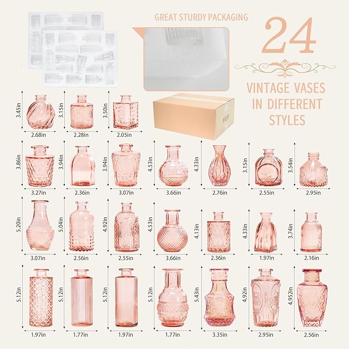 24PCS Mini Bud Vases As Wedding Centerpieces for Tables,Clear Bud Vases for Flowers,Small Flower Vases Suitable for Birthday Party,Anniversary,Wedding Reception,Baby Shower (Pink, 24PCS)