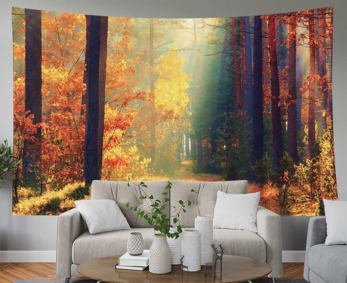 EMMTEEY Forest Tapestry Wall Hanging - Sunlight in Fall Forest Path Autumn Landscape - Large Wall Art - 92.5X70.9 - For Bedroom