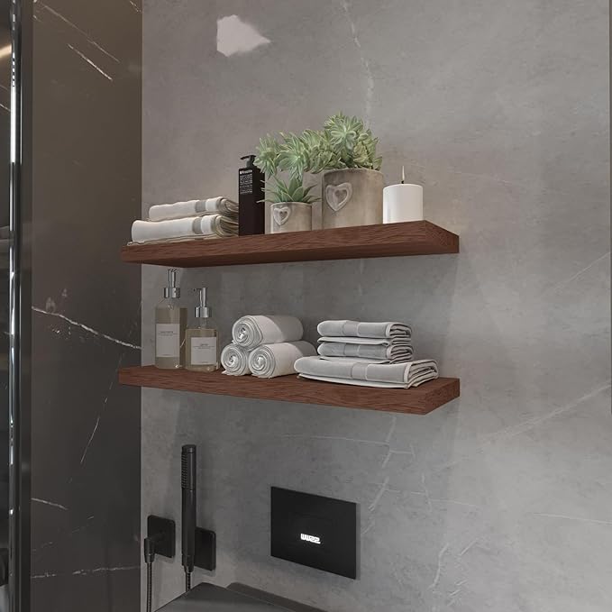 Floating Shelves 24 Inch Wall Shelf Solid Wood Mounted Storage for Bedroom Living Room Set of 2, Rustic Brown Wall Shelves
