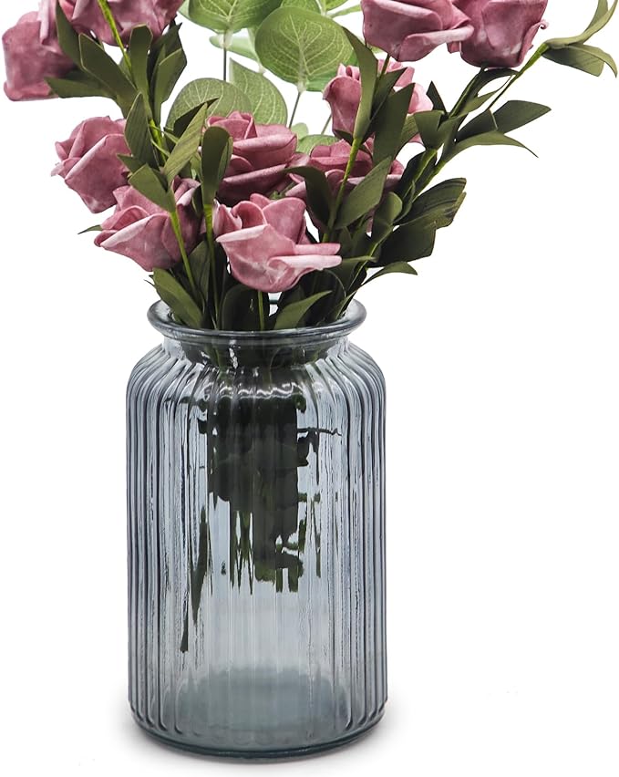 OFFIDIX Glass Vase,7.3 * 4.3in Vertical Line Geometric Faceted Design Flower Vase