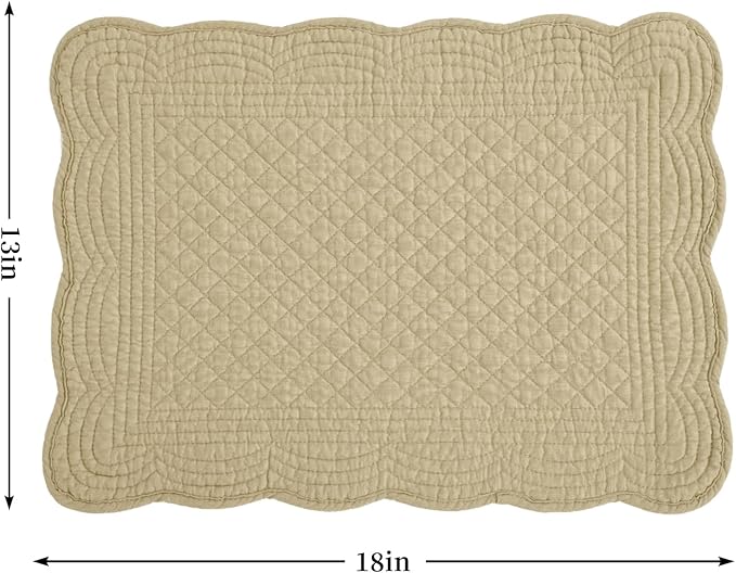 HOMBYS Quilted Placemats Set of 6 Washable-13x18 inches Rectangular Placemats for Kitchen Table-100% Cotton Fabric Rectangular Table Mats, (Khaki)