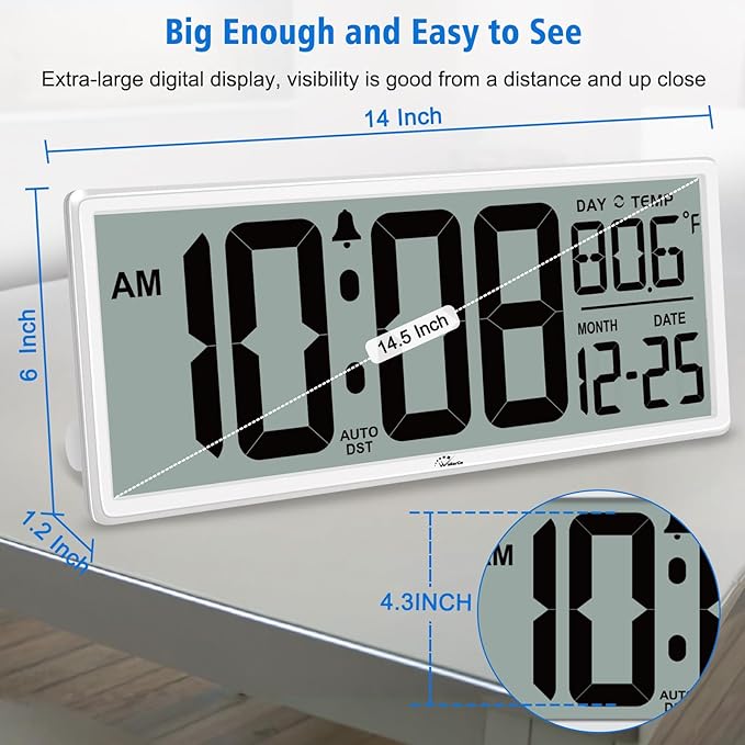 WallarGe Backlight Digital Wall Clock Battery Operated - with Temperature and Date 14.5'' Large Digital Wall Clock, Easy to Read and Set, Auto DST