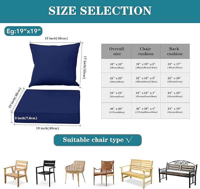 Outdoor Chair Cushions 19x19 Inch, Waterproof Fade Resistant Deep Seat and Backrest Cushion Set for Patio Furniture, Navy, Set of 2