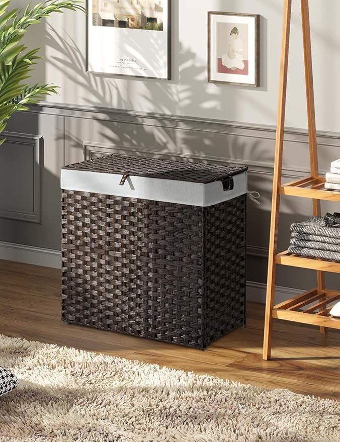 Greenstell Laundry Hamper with lid, No Install Needed, 110L Wicker Laundry Baskets Foldable 2 Removable Liner Bags, 2 Section Clothes Hamper Handwoven Rattan Laundry Basket with Handles, Brown